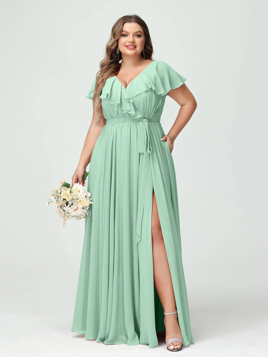 A-Line/Princess V-Neck Short Sleeves Chiffon Plus Size Bridesmaid Dresses With Pockets,Ruffles  ,Ruched & Split Side - Image 62