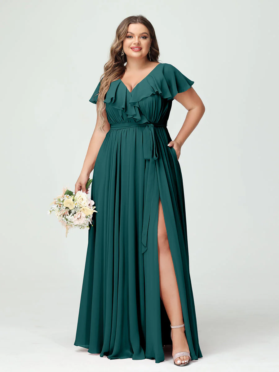 A-Line/Princess V-Neck Short Sleeves Chiffon Plus Size Bridesmaid Dresses With Pockets,Ruffles  ,Ruched & Split Side - Image 67
