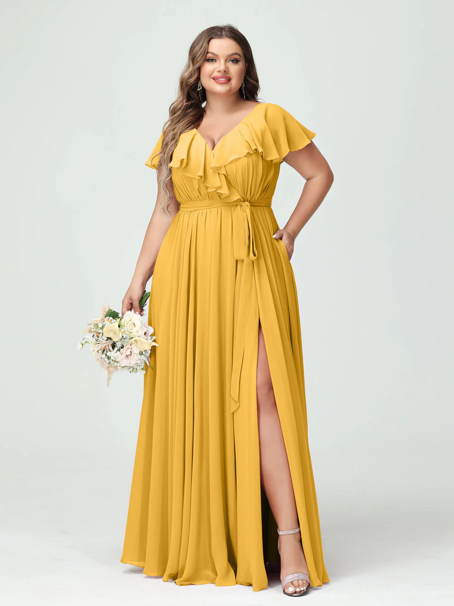 A-Line/Princess V-Neck Short Sleeves Chiffon Plus Size Bridesmaid Dresses With Pockets,Ruffles  ,Ruched & Split Side - Image 71