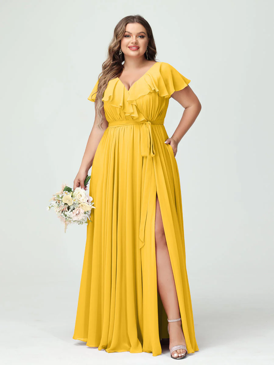 A-Line/Princess V-Neck Short Sleeves Chiffon Plus Size Bridesmaid Dresses With Pockets,Ruffles  ,Ruched & Split Side - Image 72
