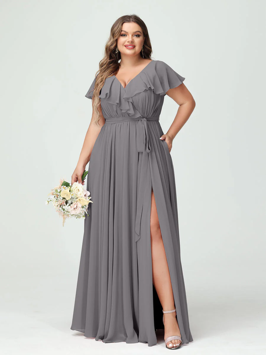 A-Line/Princess V-Neck Short Sleeves Chiffon Plus Size Bridesmaid Dresses With Pockets,Ruffles  ,Ruched & Split Side - Image 75