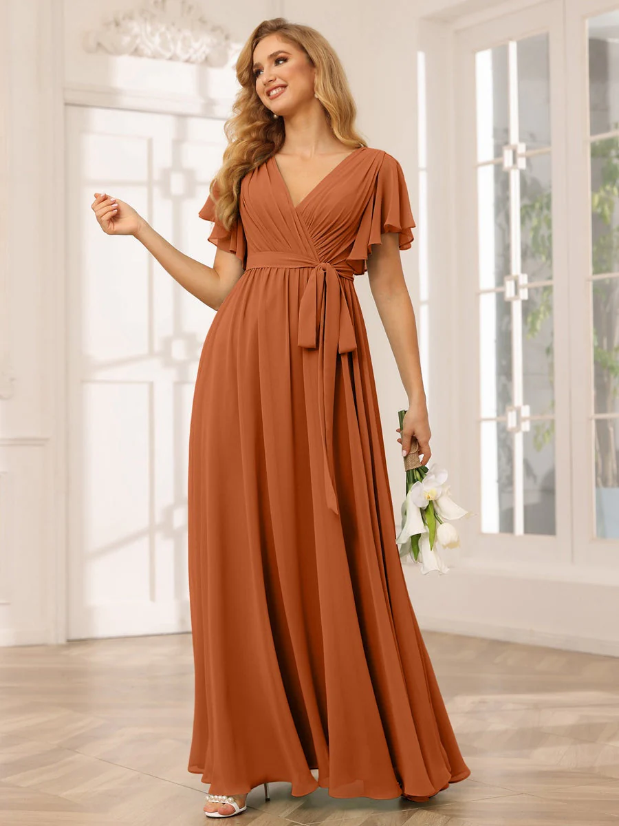 A-Line/Princess V-Neck Short Sleeves Floor-Length Bridesmaid Dresses with Sash - Image 11