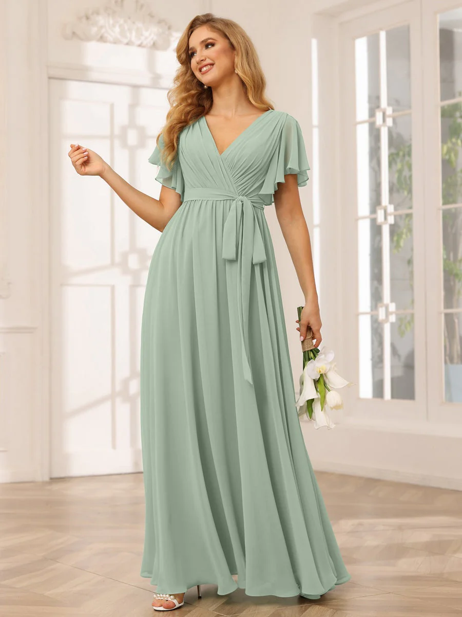 A-Line/Princess V-Neck Short Sleeves Floor-Length Bridesmaid Dresses with Sash - Image 12