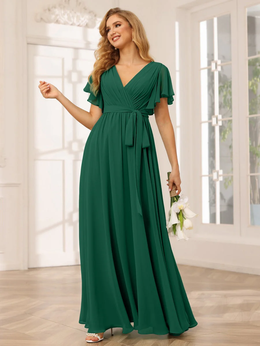 A-Line/Princess V-Neck Short Sleeves Floor-Length Bridesmaid Dresses with Sash - Image 13