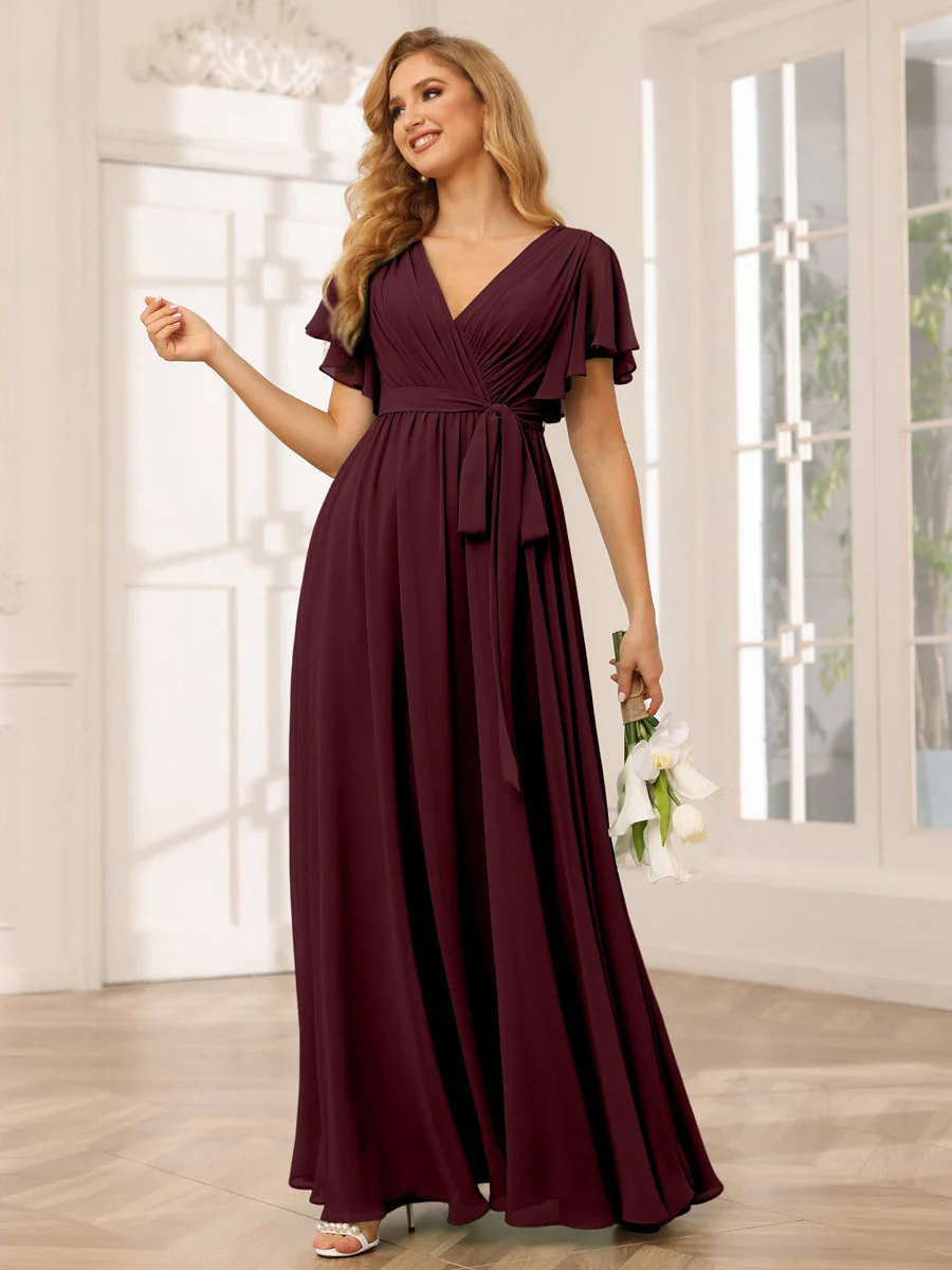 A-Line/Princess V-Neck Short Sleeves Floor-Length Bridesmaid Dresses with Sash - Image 14