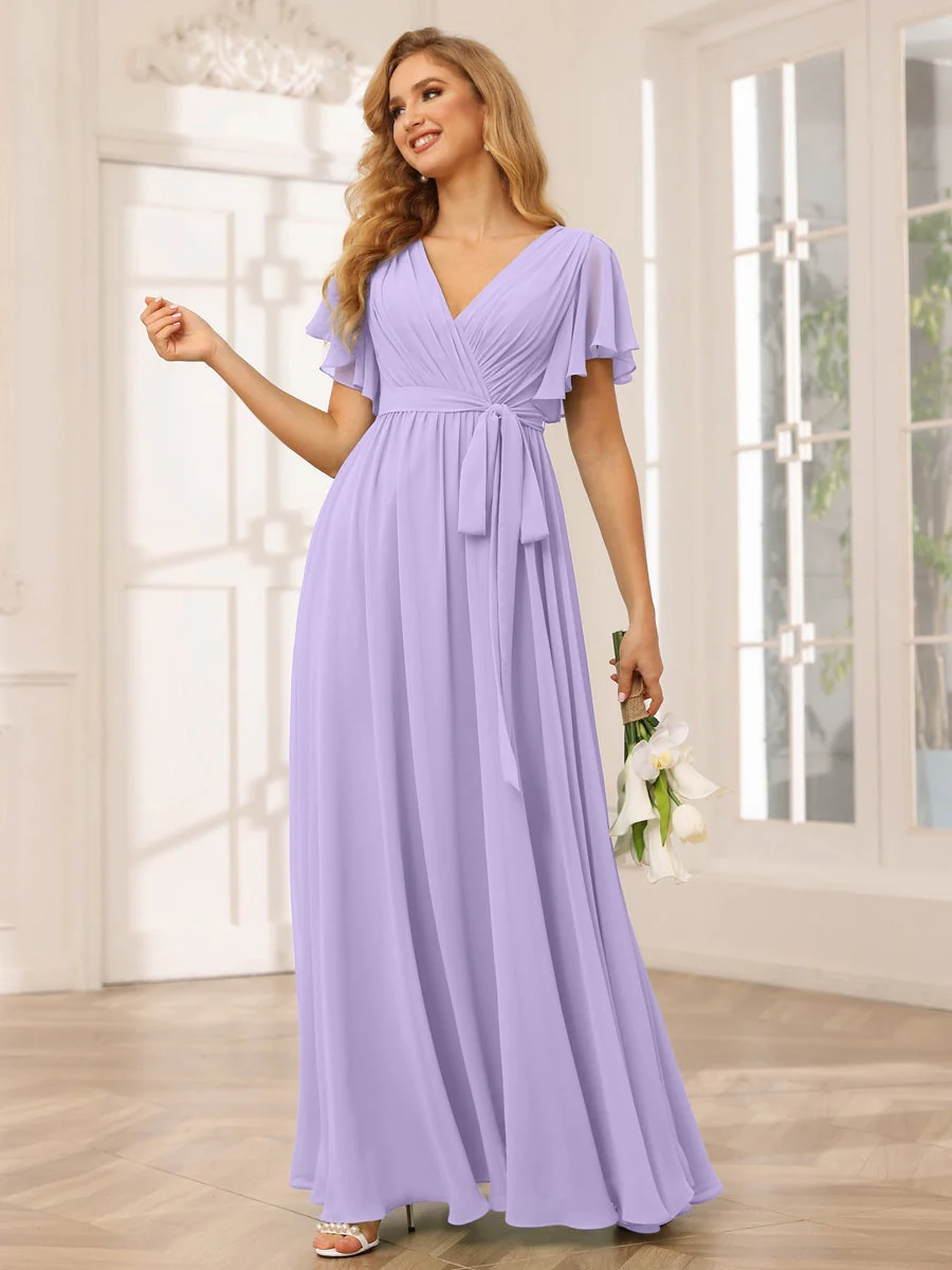 A-Line/Princess V-Neck Short Sleeves Floor-Length Bridesmaid Dresses with Sash - Image 16
