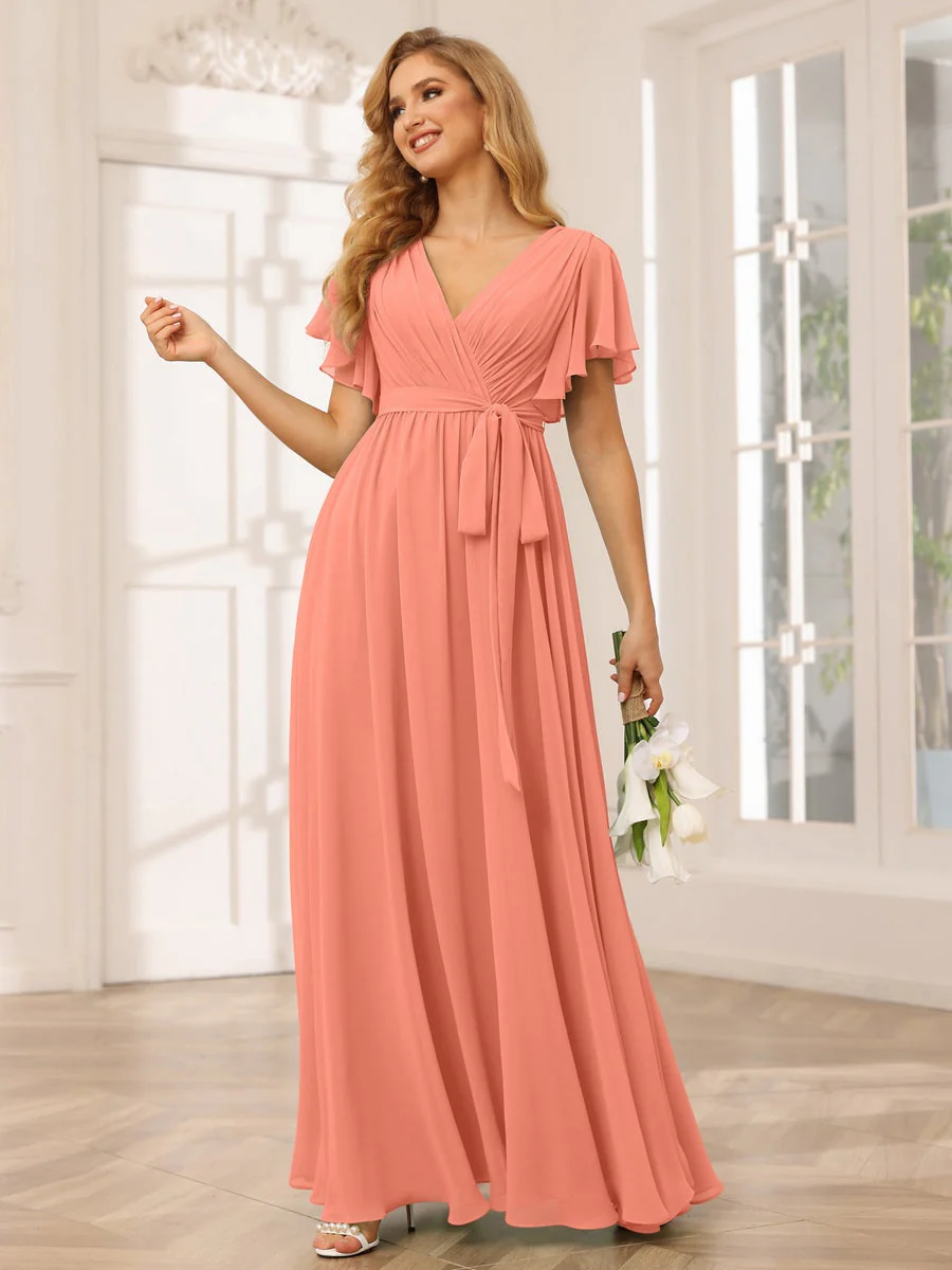 A-Line/Princess V-Neck Short Sleeves Floor-Length Bridesmaid Dresses with Sash - Image 17