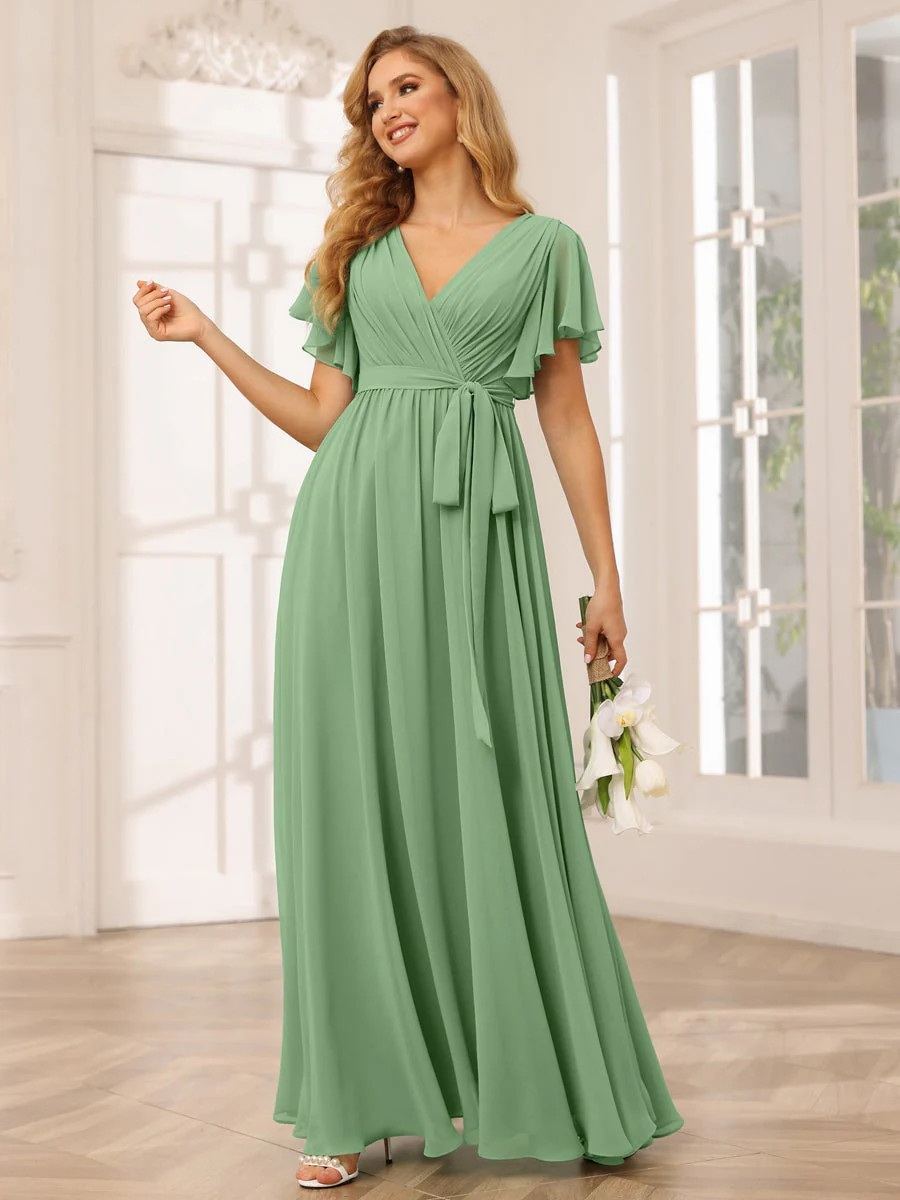 A-Line/Princess V-Neck Short Sleeves Floor-Length Bridesmaid Dresses with Sash - Image 18