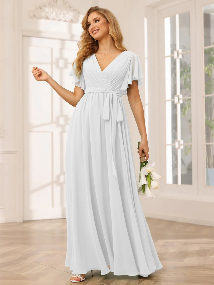 A-Line/Princess V-Neck Short Sleeves Floor-Length Bridesmaid Dresses with Sash - Image 22