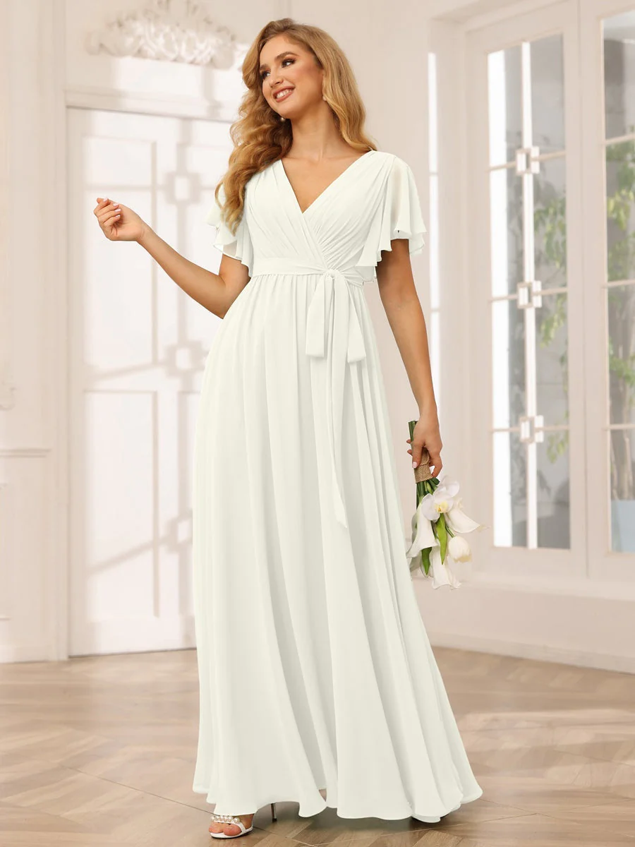 A-Line/Princess V-Neck Short Sleeves Floor-Length Bridesmaid Dresses with Sash - Image 23