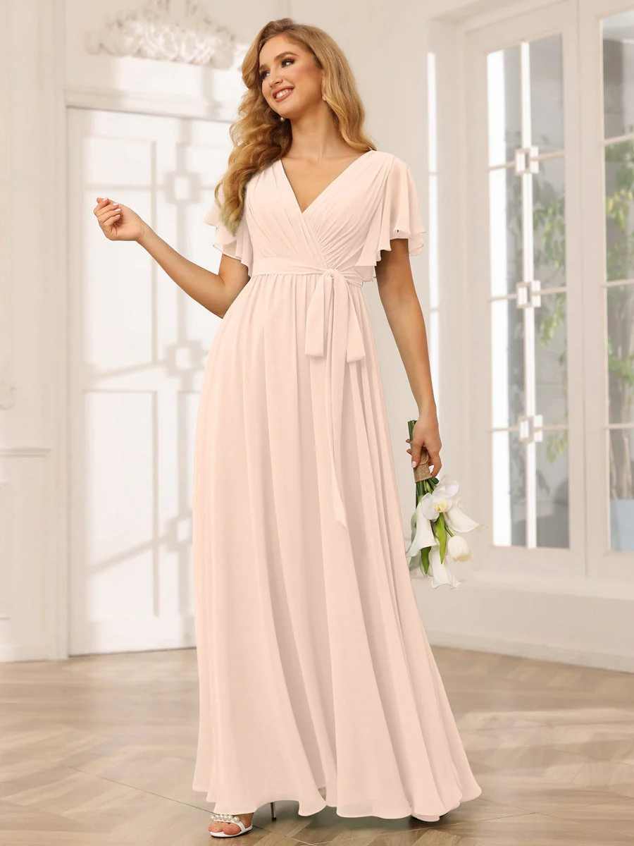 A-Line/Princess V-Neck Short Sleeves Floor-Length Bridesmaid Dresses with Sash - Image 25
