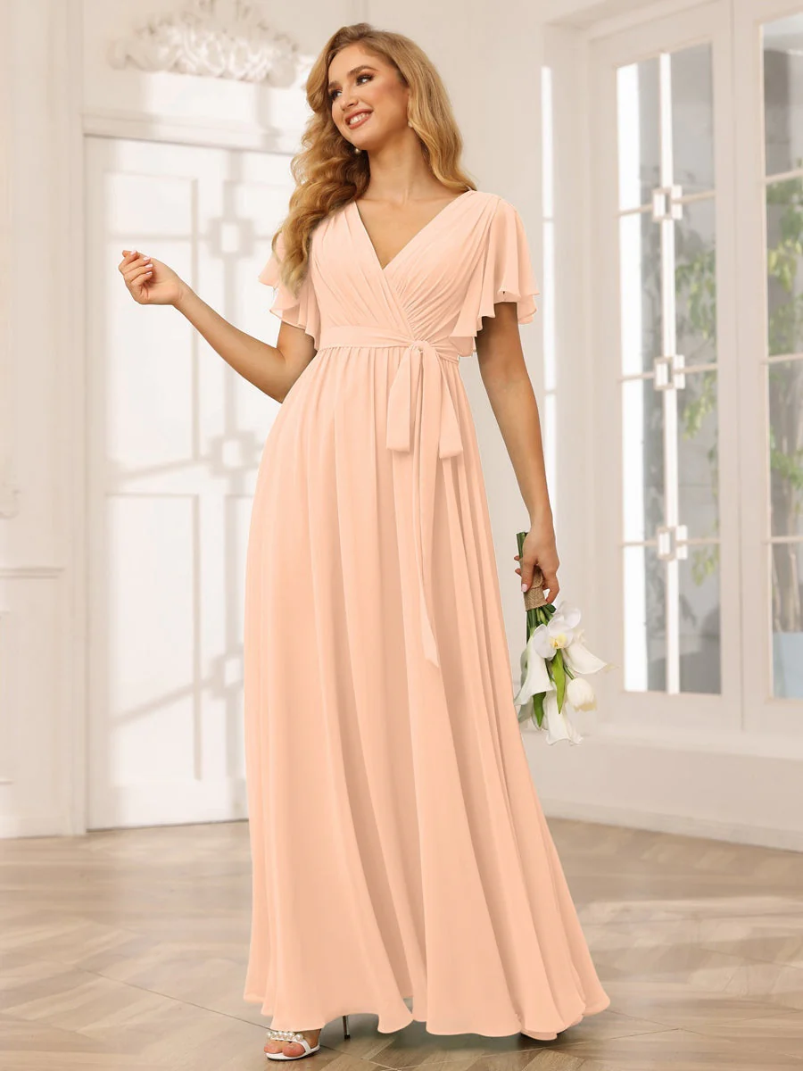 A-Line/Princess V-Neck Short Sleeves Floor-Length Bridesmaid Dresses with Sash - Image 31