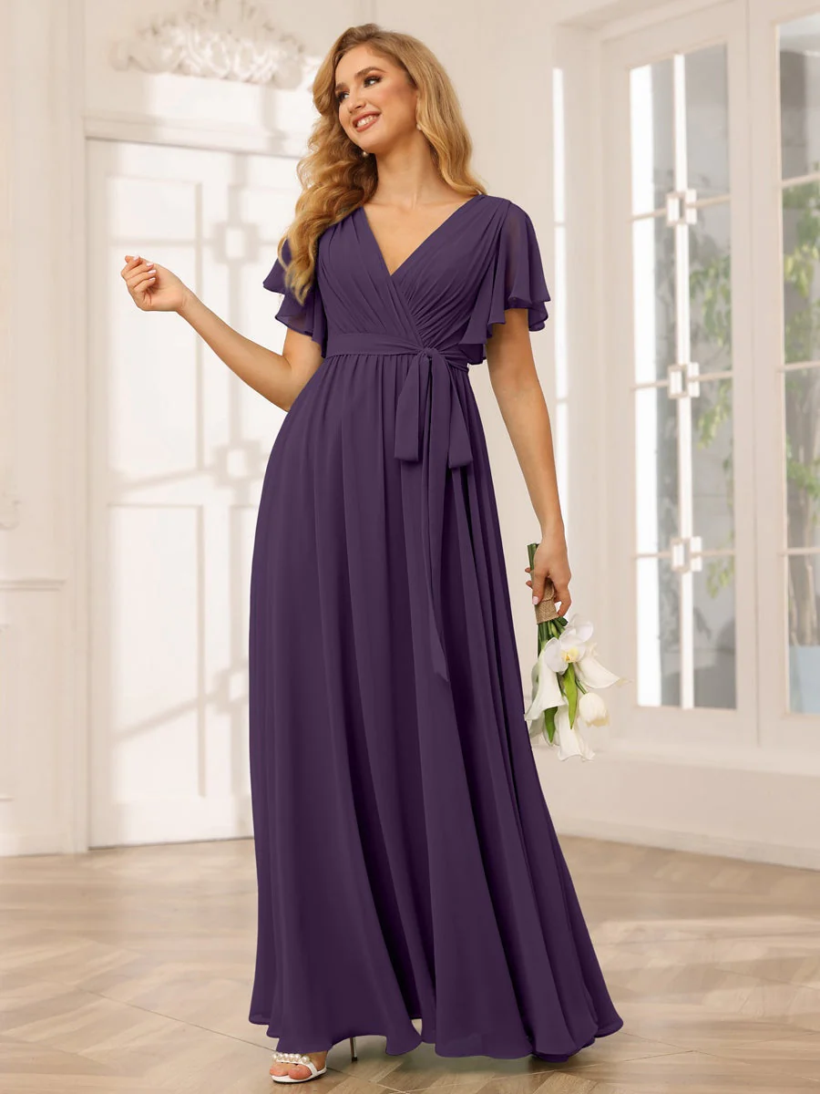 A-Line/Princess V-Neck Short Sleeves Floor-Length Bridesmaid Dresses with Sash - Image 47