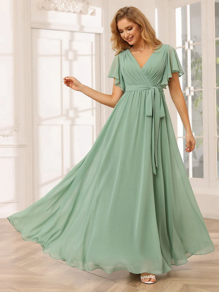 A-Line/Princess V-Neck Short Sleeves Floor-Length Bridesmaid Dresses with Sash - Image 5
