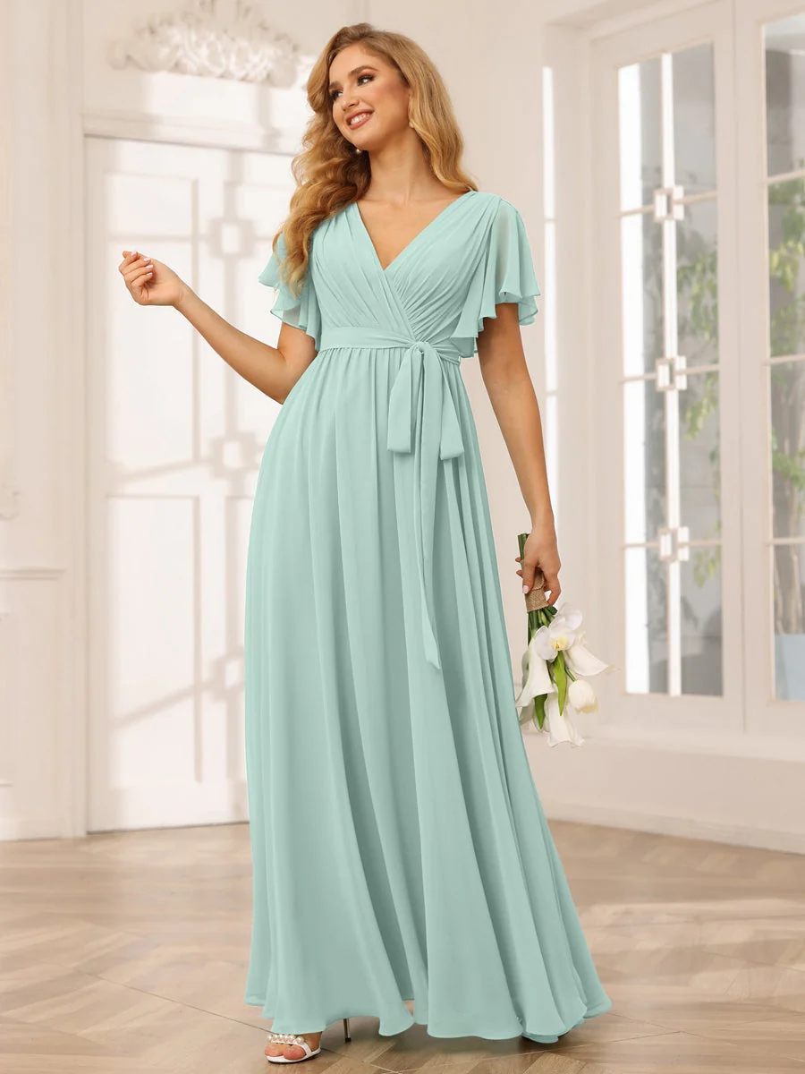 A-Line/Princess V-Neck Short Sleeves Floor-Length Bridesmaid Dresses with Sash - Image 62