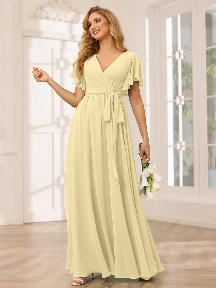 A-Line/Princess V-Neck Short Sleeves Floor-Length Bridesmaid Dresses with Sash - Image 70