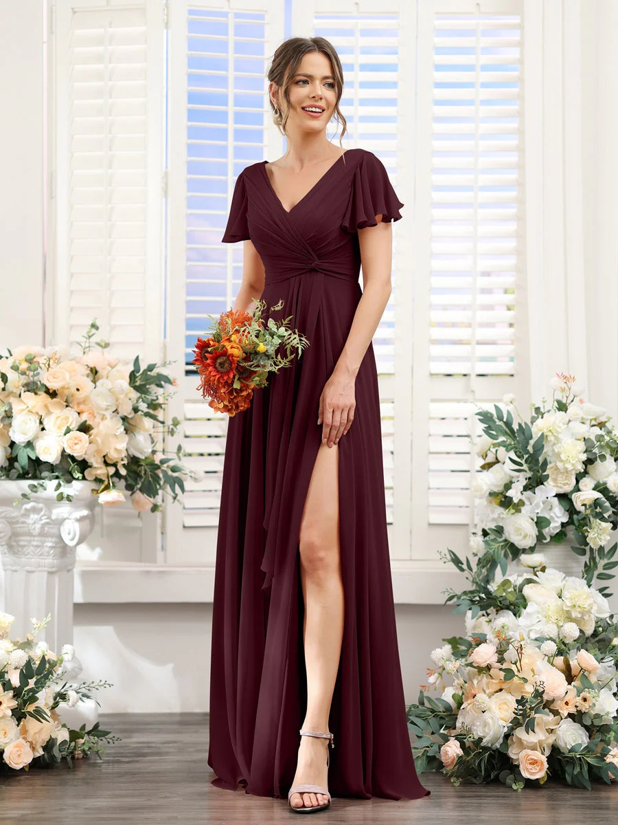 A-Line/Princess V-Neck Short Sleeves Floor-Length Bridesmaid Dresses with Split Side - Image 12