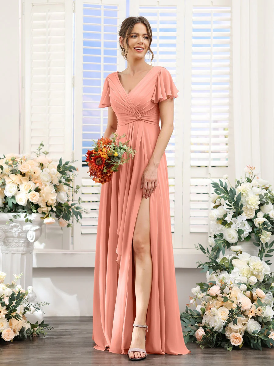 A-Line/Princess V-Neck Short Sleeves Floor-Length Bridesmaid Dresses with Split Side - Image 15