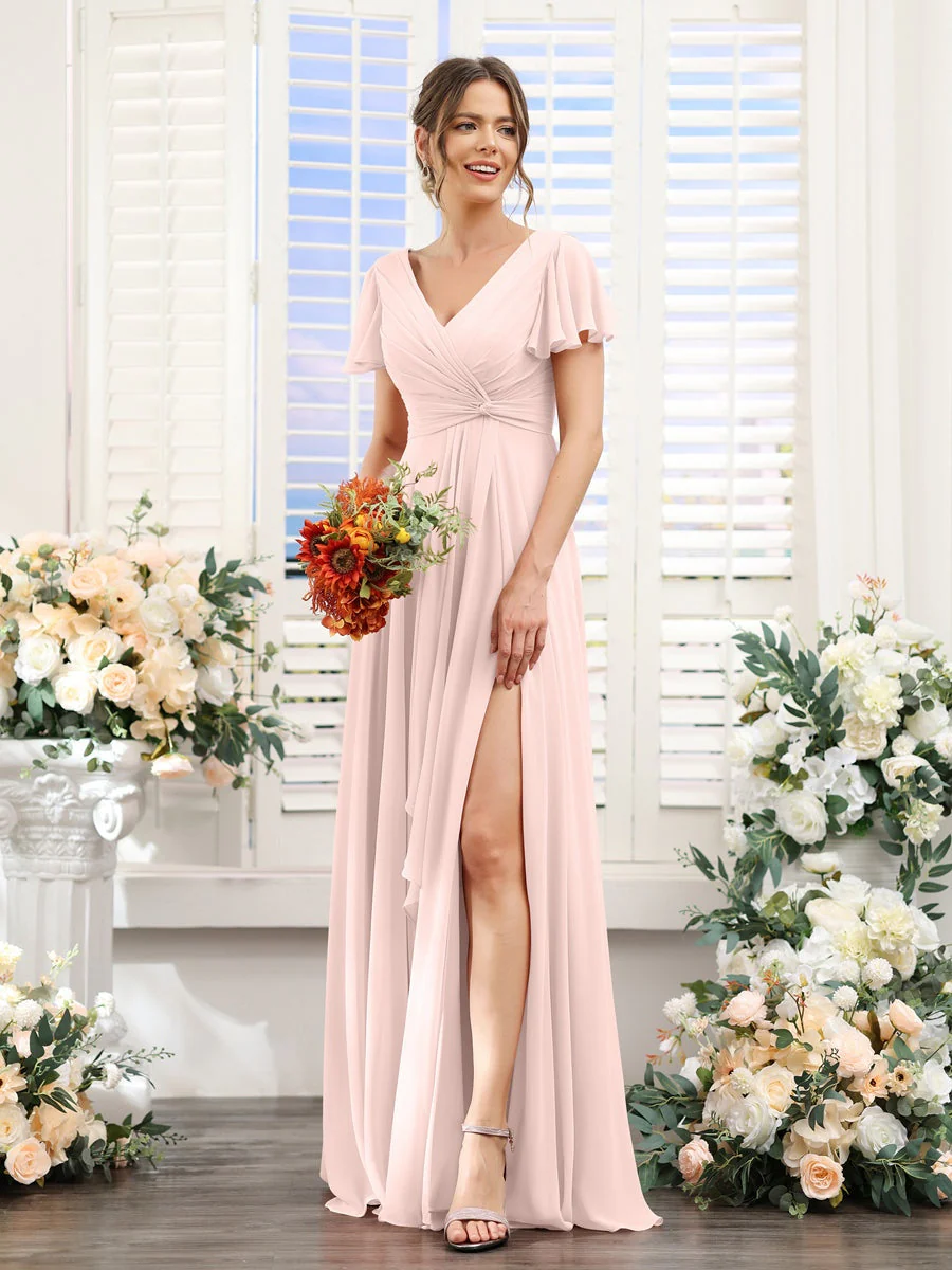 A-Line/Princess V-Neck Short Sleeves Floor-Length Bridesmaid Dresses with Split Side - Image 27