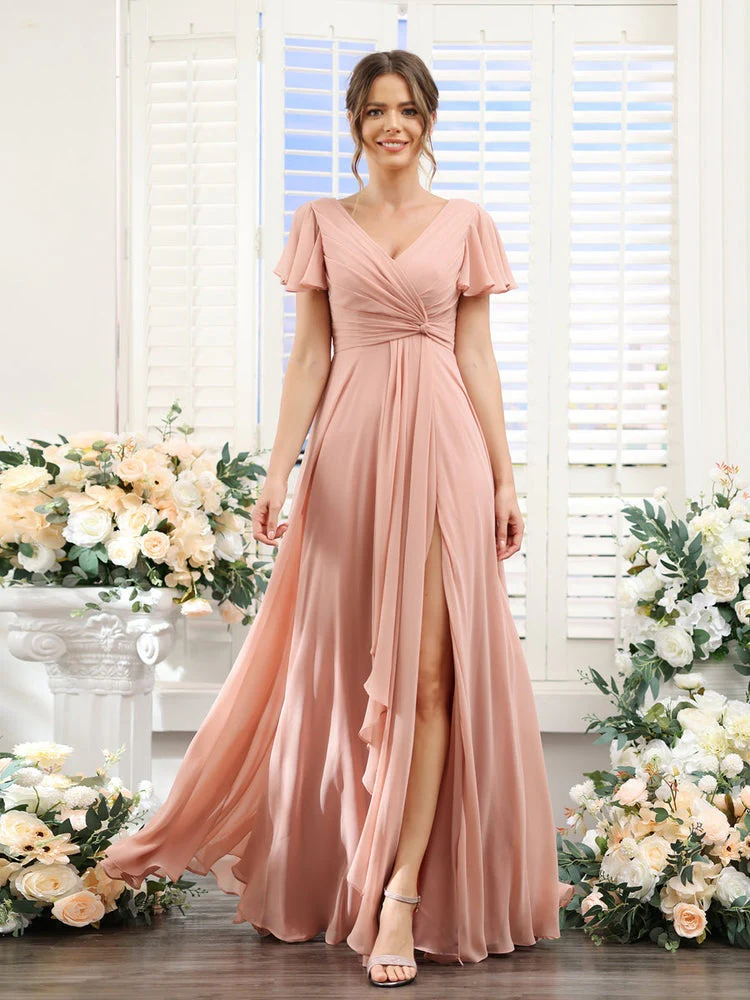 A-Line/Princess V-Neck Short Sleeves Floor-Length Bridesmaid Dresses with Split Side - Image 3