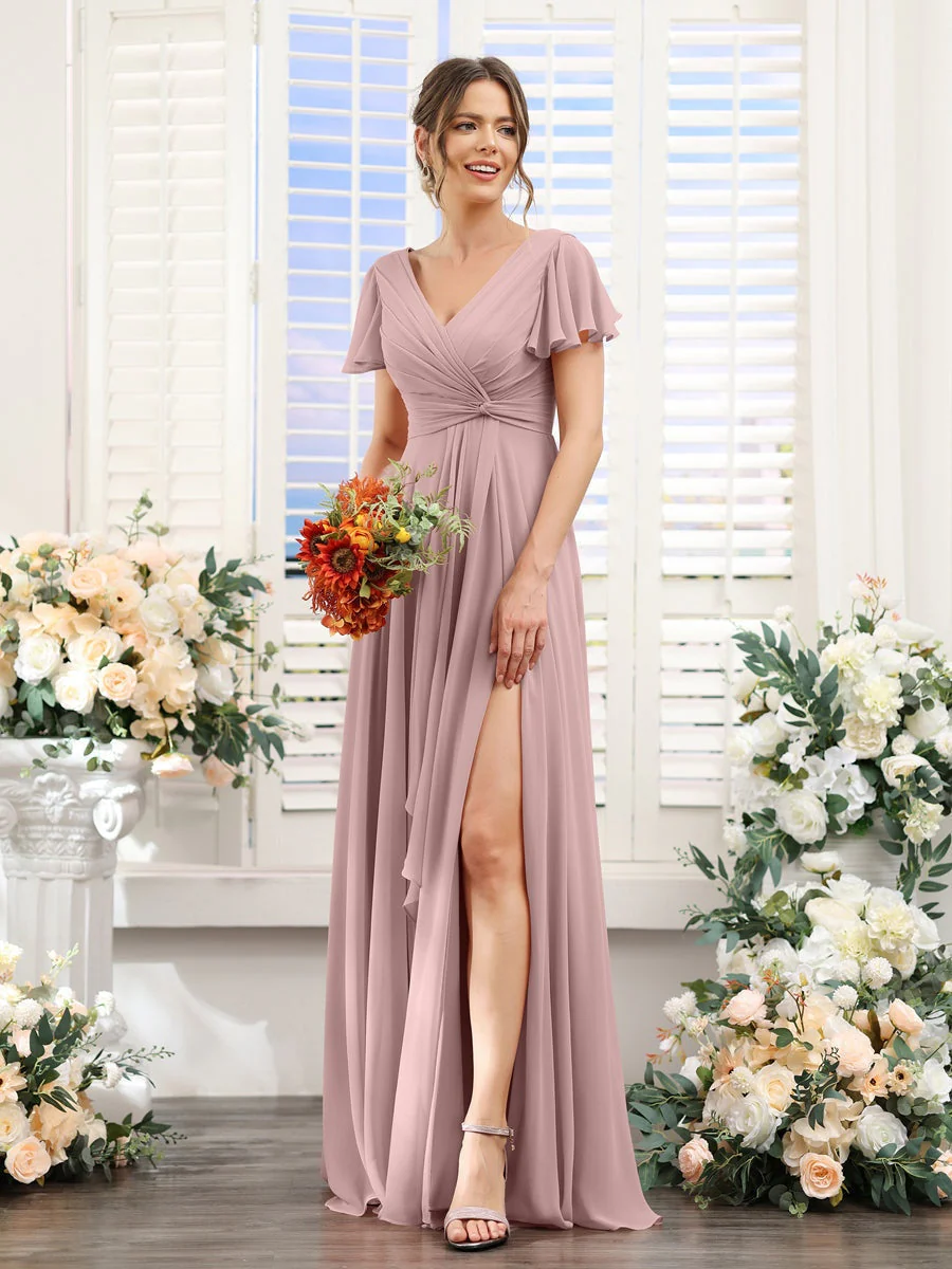 A-Line/Princess V-Neck Short Sleeves Floor-Length Bridesmaid Dresses with Split Side - Image 30
