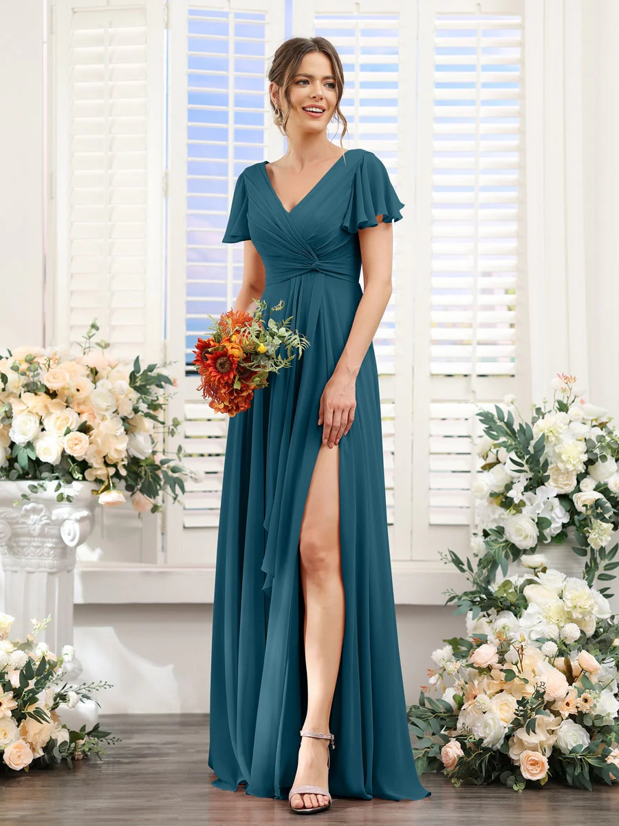 A-Line/Princess V-Neck Short Sleeves Floor-Length Bridesmaid Dresses with Split Side - Image 58