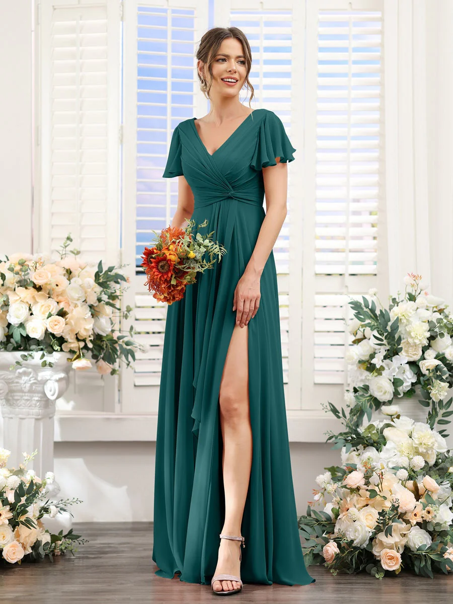 A-Line/Princess V-Neck Short Sleeves Floor-Length Bridesmaid Dresses with Split Side - Image 66