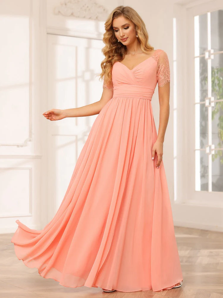 A-Line/Princess V-Neck Short Sleeves Floor-length Bridesmaid Dresses with Split Side - Image 6