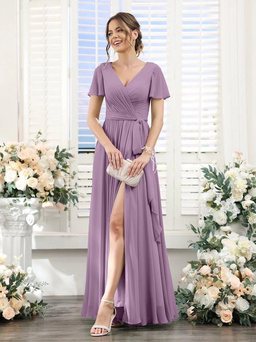 A-Line/Princess V-Neck Short Sleeves Floor-Length Chiffon Bridesmaid Dresses with Split Side & Ruched - Image 40