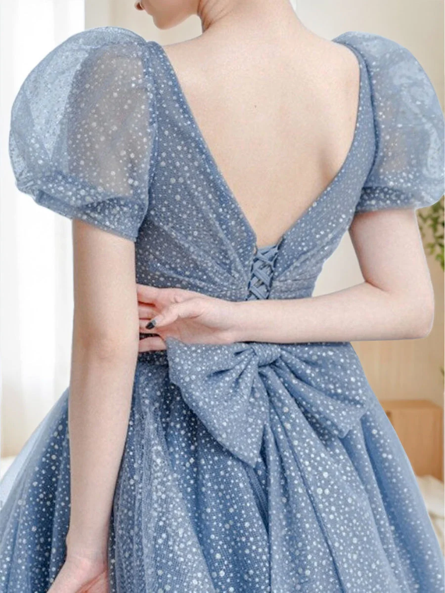A-Line/Princess V-Neck Short Sleeves Floor Length Elegant Prom Dresses with Bow Belt - Image 3