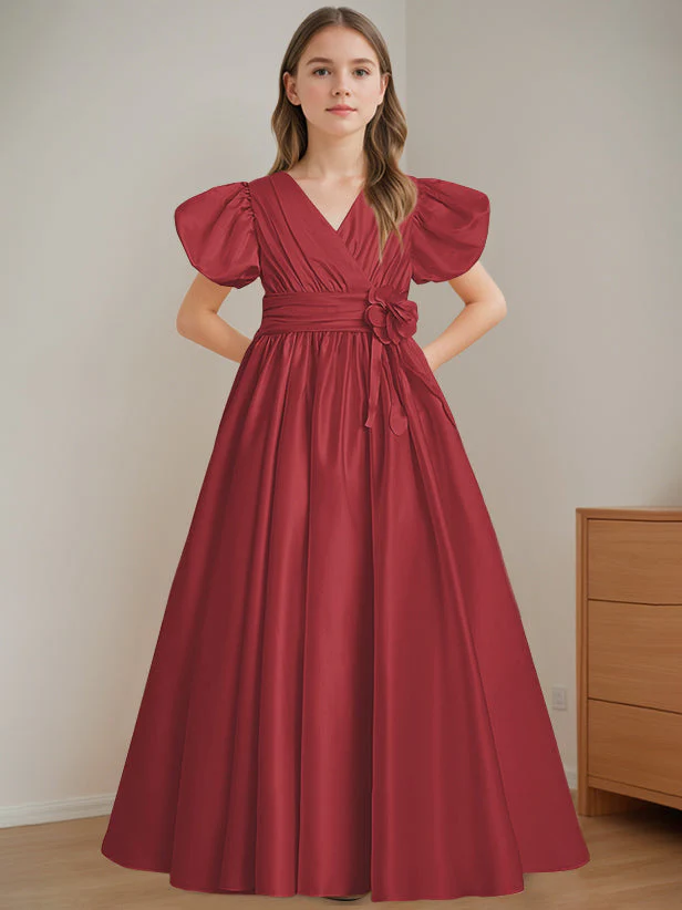 A-Line/Princess V-Neck Short Sleeves Floor-Length Flower Girl Dress with 3D Flowers - Image 11
