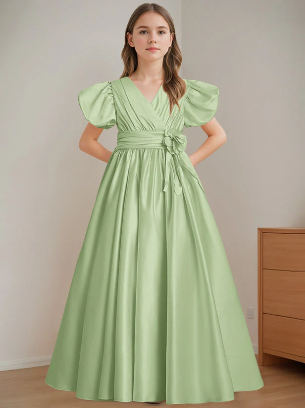 A-Line/Princess V-Neck Short Sleeves Floor-Length Flower Girl Dress with 3D Flowers - Image 12