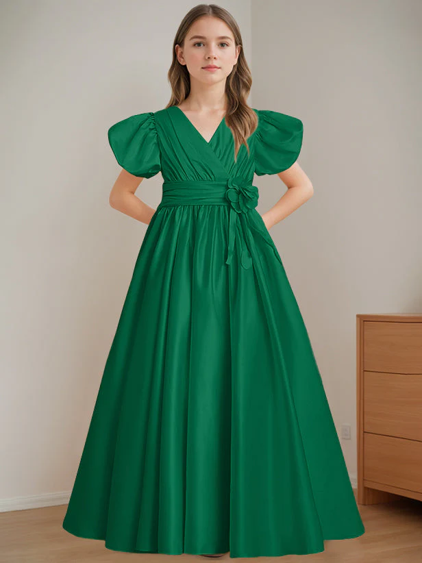 A-Line/Princess V-Neck Short Sleeves Floor-Length Flower Girl Dress with 3D Flowers - Image 13