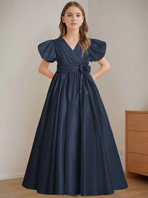 A-Line/Princess V-Neck Short Sleeves Floor-Length Flower Girl Dress with 3D Flowers - Image 14