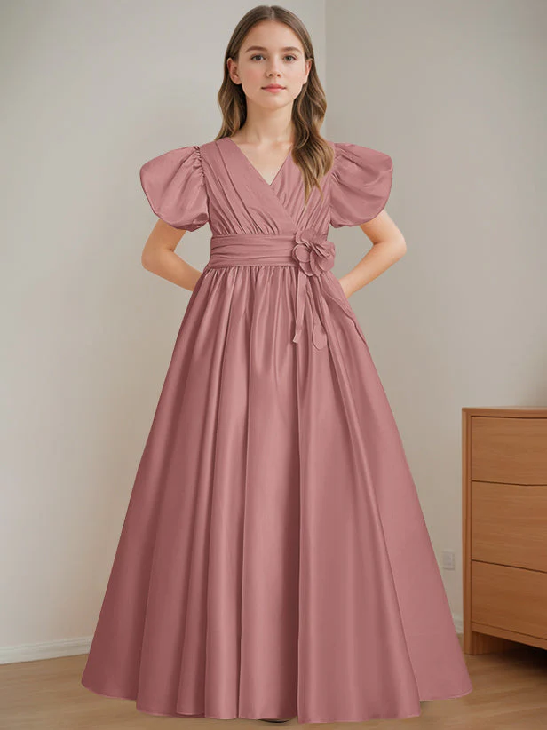 A-Line/Princess V-Neck Short Sleeves Floor-Length Flower Girl Dress with 3D Flowers - Image 15