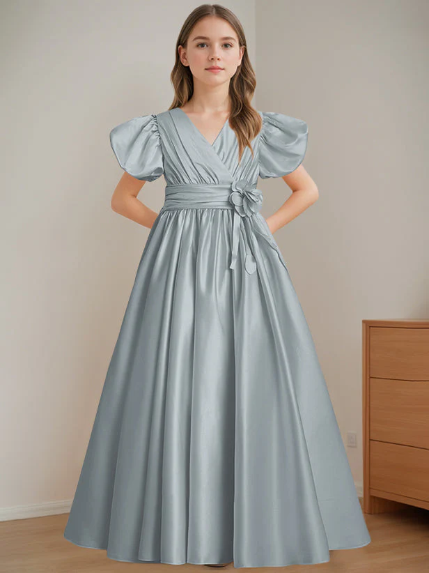 A-Line/Princess V-Neck Short Sleeves Floor-Length Flower Girl Dress with 3D Flowers - Image 16