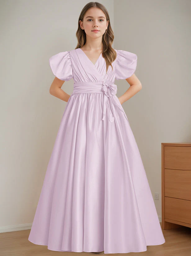 A-Line/Princess V-Neck Short Sleeves Floor-Length Flower Girl Dress with 3D Flowers - Image 17
