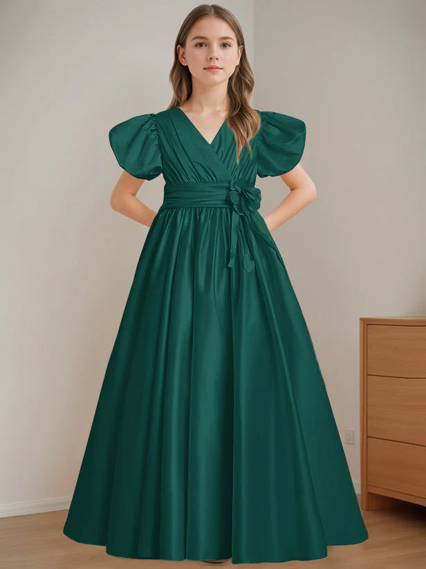 A-Line/Princess V-Neck Short Sleeves Floor-Length Flower Girl Dress with 3D Flowers - Image 19