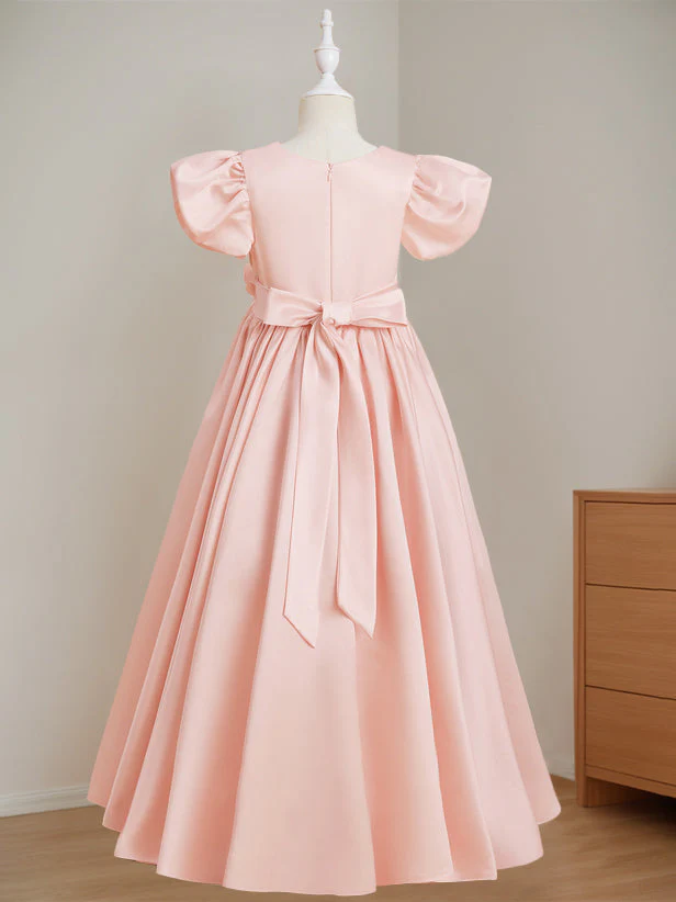 A-Line/Princess V-Neck Short Sleeves Floor-Length Flower Girl Dress with 3D Flowers - Image 2