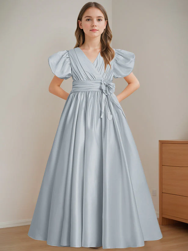 A-Line/Princess V-Neck Short Sleeves Floor-Length Flower Girl Dress with 3D Flowers - Image 20