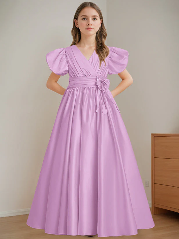 A-Line/Princess V-Neck Short Sleeves Floor-Length Flower Girl Dress with 3D Flowers - Image 21