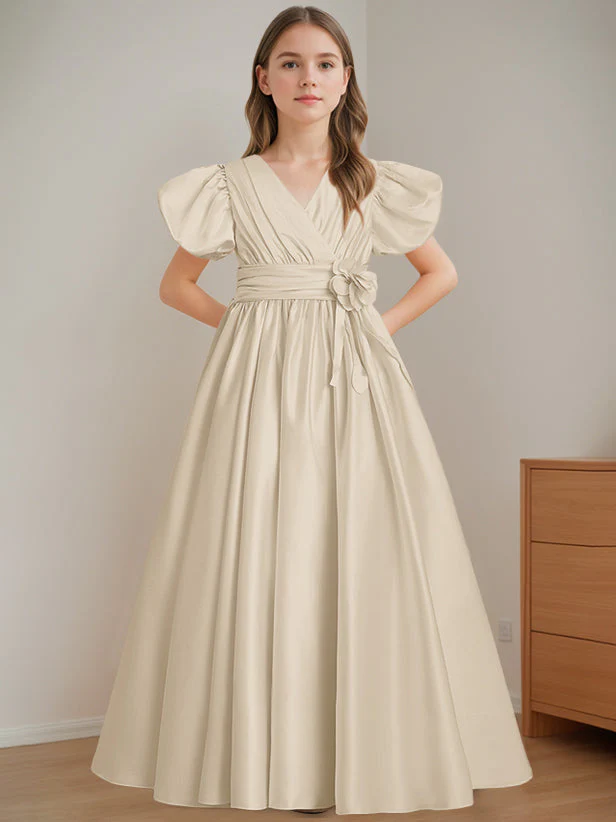 A-Line/Princess V-Neck Short Sleeves Floor-Length Flower Girl Dress with 3D Flowers - Image 22
