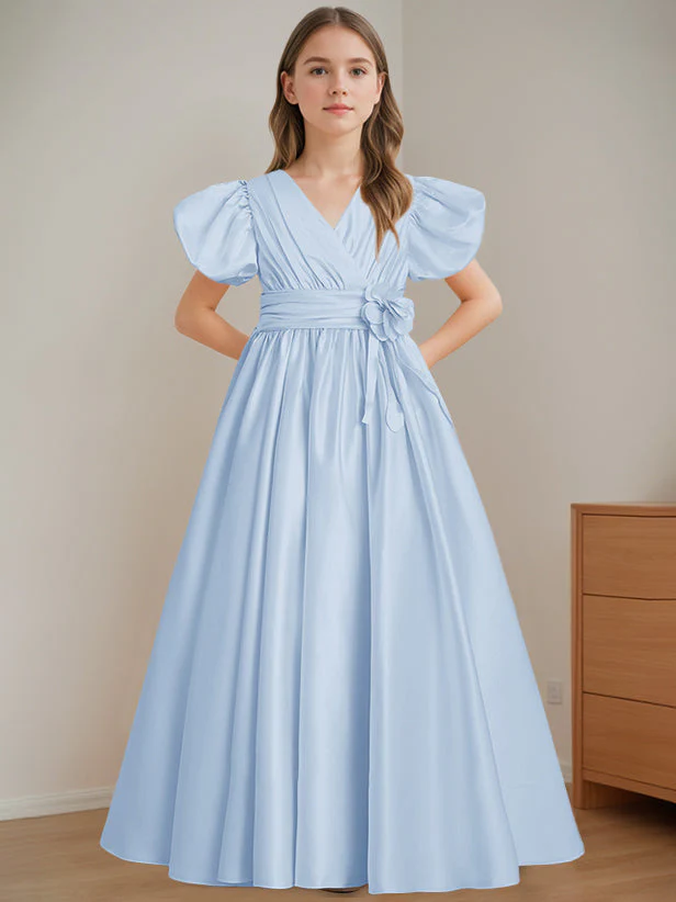 A-Line/Princess V-Neck Short Sleeves Floor-Length Flower Girl Dress with 3D Flowers - Image 23