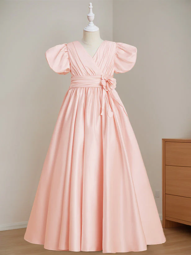 A-Line/Princess V-Neck Short Sleeves Floor-Length Flower Girl Dress with 3D Flowers - Image 3