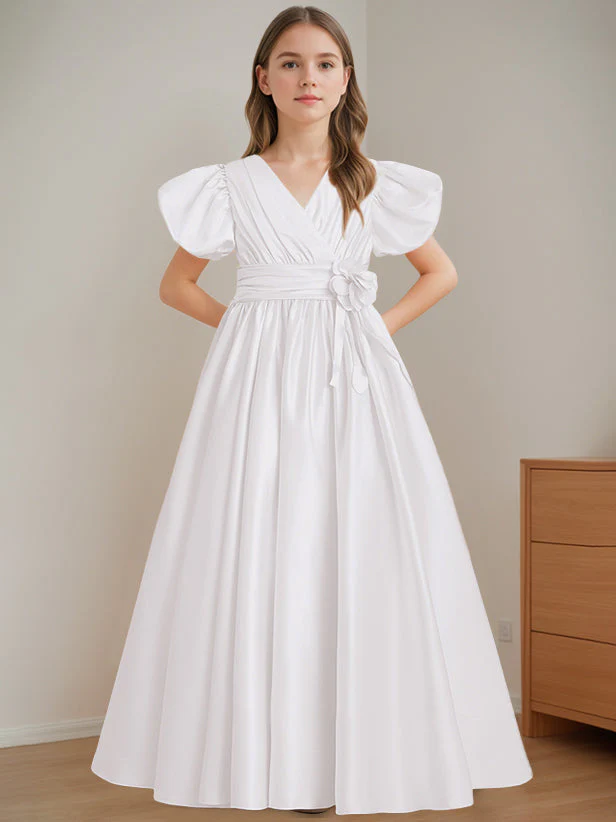 A-Line/Princess V-Neck Short Sleeves Floor-Length Flower Girl Dress with 3D Flowers - Image 5