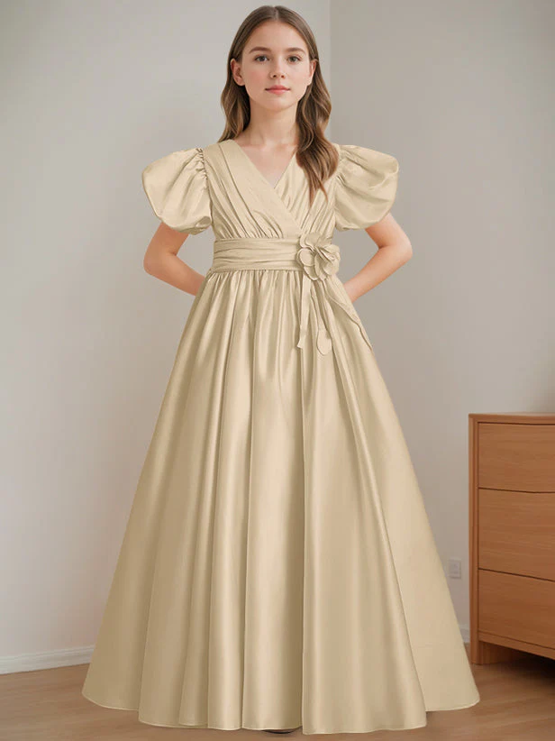 A-Line/Princess V-Neck Short Sleeves Floor-Length Flower Girl Dress with 3D Flowers - Image 6