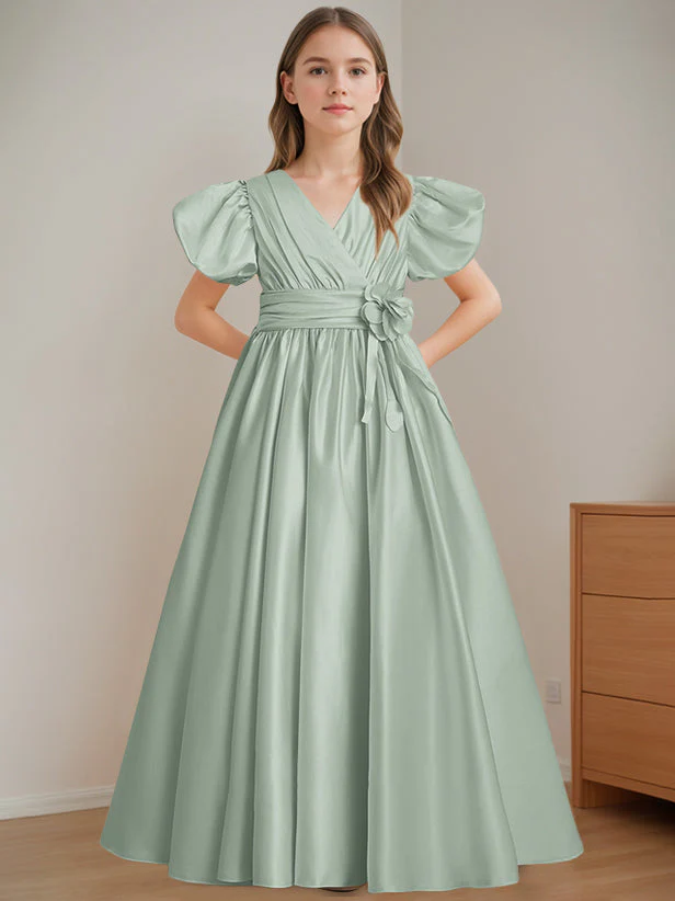 A-Line/Princess V-Neck Short Sleeves Floor-Length Flower Girl Dress with 3D Flowers - Image 7