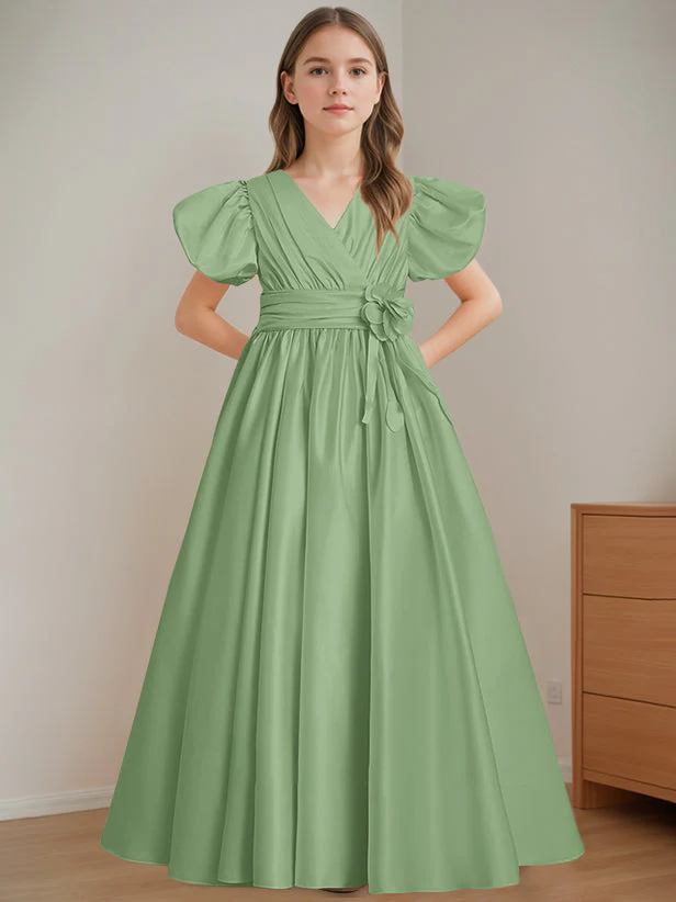 A-Line/Princess V-Neck Short Sleeves Floor-Length Flower Girl Dress with 3D Flowers - Image 8