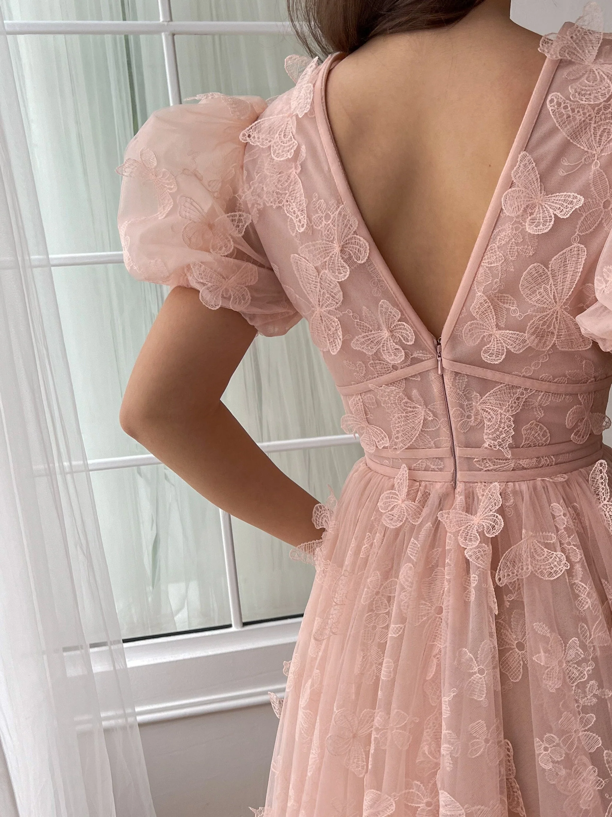A-Line/Princess V-neck Short Sleeves Floor-length Formal Prom Dresses with Flower - Image 2