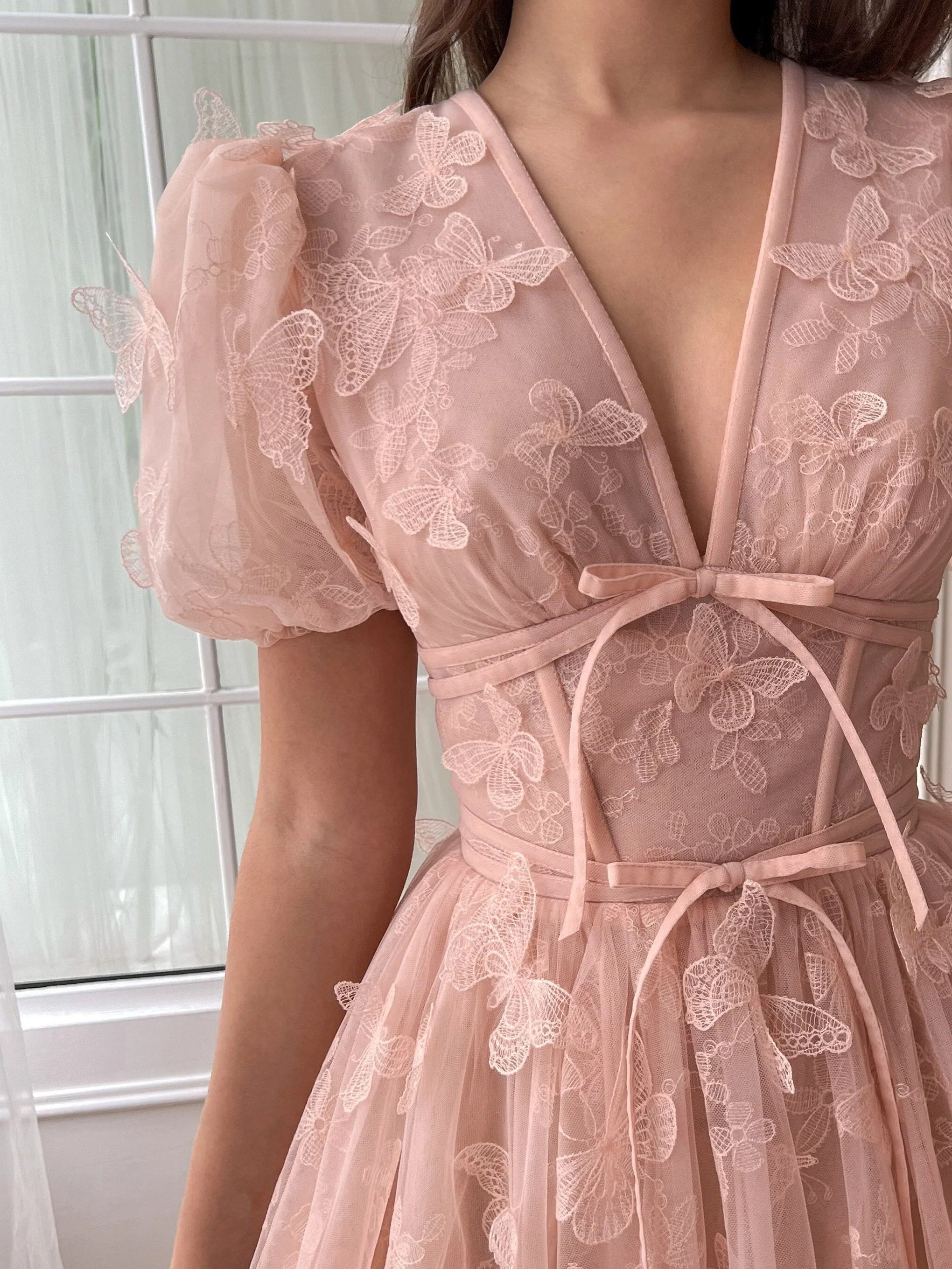 A-Line/Princess V-neck Short Sleeves Floor-length Formal Prom Dresses with Flower - Image 4